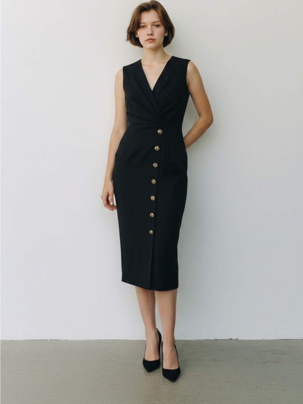 Pierre Balmain Black Sleeveless Midi Sheath Dress with Gold Buttons